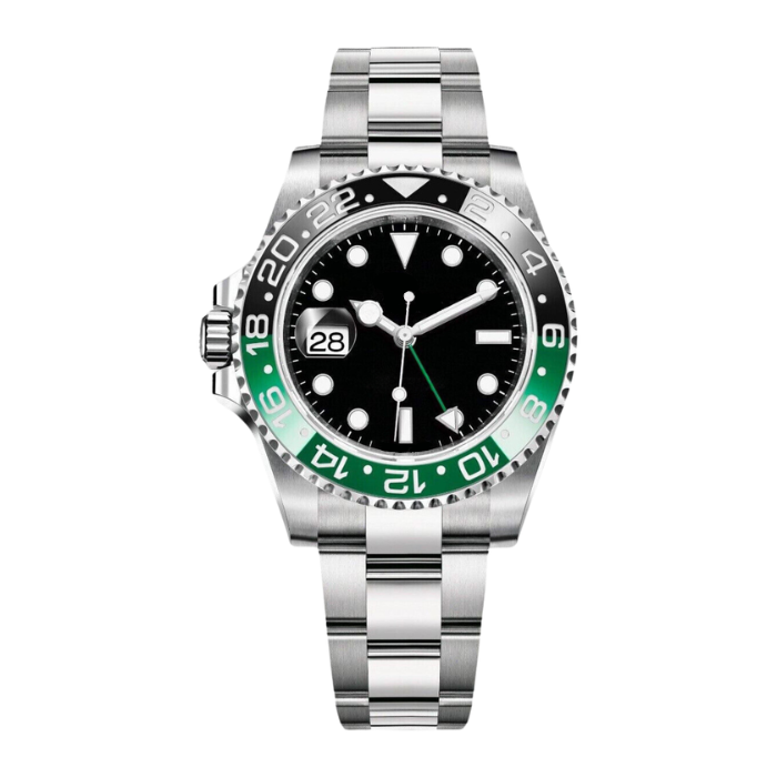 Dual Time 40 – Black Dial | Steel Bracelet & Green-Black Ceramic Bezel