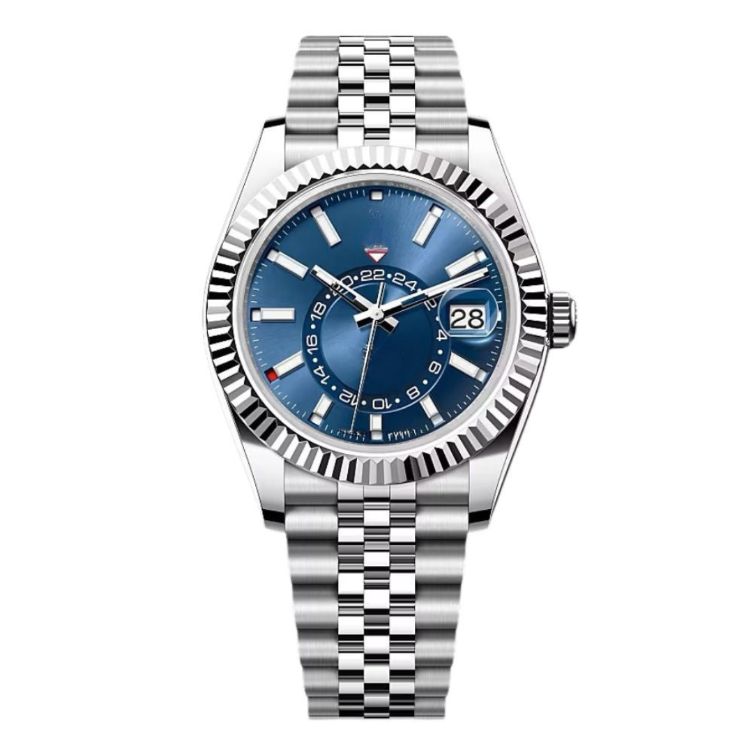 Global Traveller 42 – Blue Sunburst Dial | Stainless Steel Jubilee Bracelet & Fluted Bezel