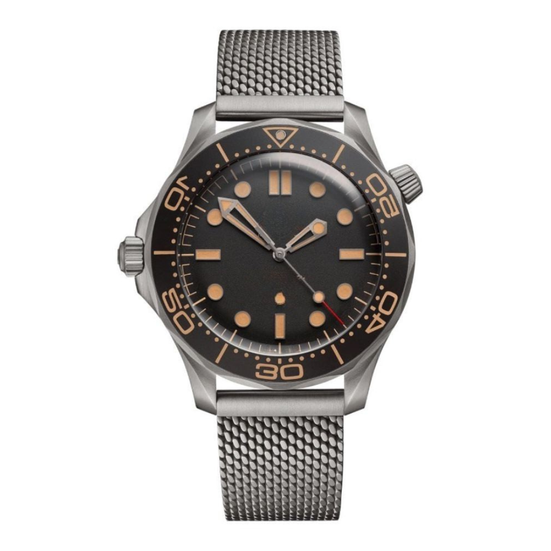 Tactical Diver 42 – Black Vintage Dial | Titanium Mesh Bracelet & Brown Aluminum Dive Bezel