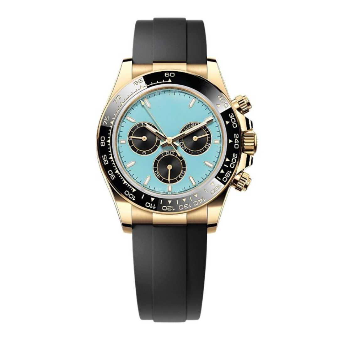 Ocean Chronograph 40 – Turquoise Blue Dial | Gold Tone Case & Black Rubber Strap